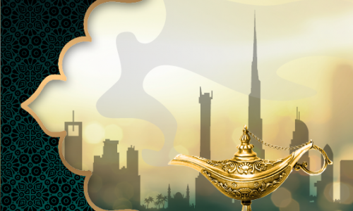 Wunderlampe im Vordergrund Ausschnitt von Dubai im Hintergrund