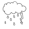 schwarz weiße Illustration einer Wolke mit Regentropfen und Blitz