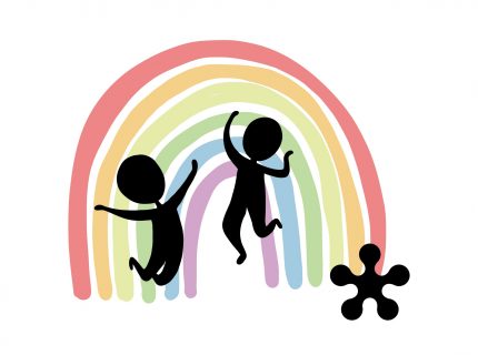 Logo kidsMANIA 2 illustrierte Kinder hüpfen vor einem Regenbogen