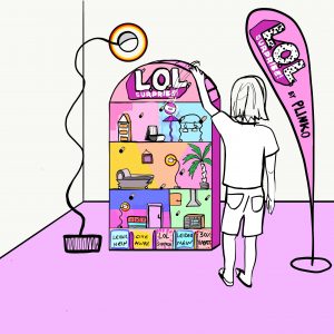 buntes Scribble eins Plinko-Spiels für die Marke L.O.L. Suprise in Form eines Puppenhauses für Promotion im Spielzeugeinzelhandel