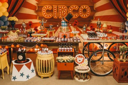 Beautifully decorated hall for a circus themed birthday party